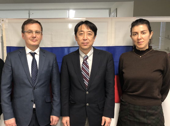 (From left to right) Mr. Igor Titov, Vice President Shigeo Tanaka, Associate professor Aida Mammadova